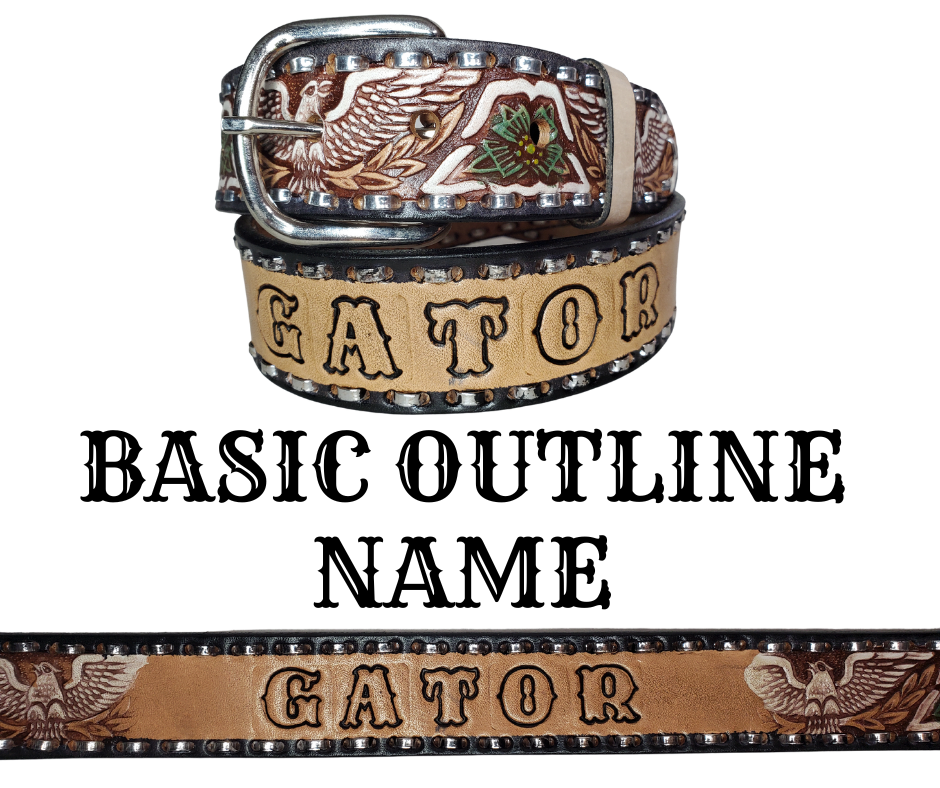 The Dimestore Cowboy leather belt is a classic Vintage Throwback Style Western belt. Complete with silver Buck Stitching and a embossed eagle design in Black/Antique White/Blue coloring. A 1 1/2" width Full grain vegetable tanned cowhide, Width 1 1/2" and includes Nickle plated  buckle Smooth burnished painted edges. Buckle snaps in place for easy changing if desired. In stock at our Smyrna, TN shop.