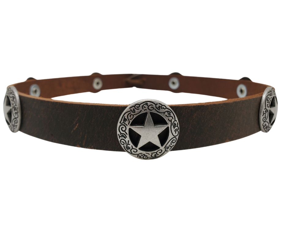 Dodge City was home to gamblers, gunslingers, and cattlemen and the Sheriff Star kept them all in line. The hatband is 3/4" wide by 23" (without tie string). Available in black or Distressed brown, pick one or a few. Fit's most any hat with adjustable bead and leather 1/8" string. Will fit most TOP HAT style and WESTERN crowned hats. Made in our Smyrna Tn. shop.