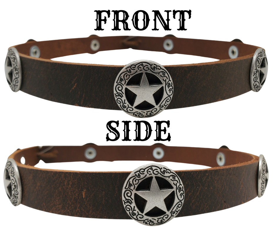 Dodge City was home to gamblers, gunslingers, and cattlemen and the Sheriff Star kept them all in line. The hatband is 3/4" wide by 23" (without tie string). Available in black or Distressed brown, pick one or a few. Fit's most any hat with adjustable bead and leather 1/8" string. Will fit most TOP HAT style and WESTERN crowned hats. Made in our Smyrna Tn. shop.