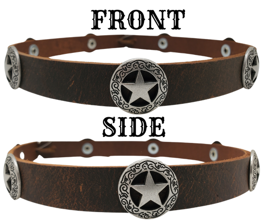 Dodge City was home to gamblers, gunslingers, and cattlemen and the Sheriff Star kept them all in line. The hatband is 3/4" wide by 23" (without tie string). Available in black or Distressed brown, pick one or a few. Fit's most any hat with adjustable bead and leather 1/8" string. Will fit most TOP HAT style and WESTERN crowned hats. Made in our Smyrna Tn. shop.