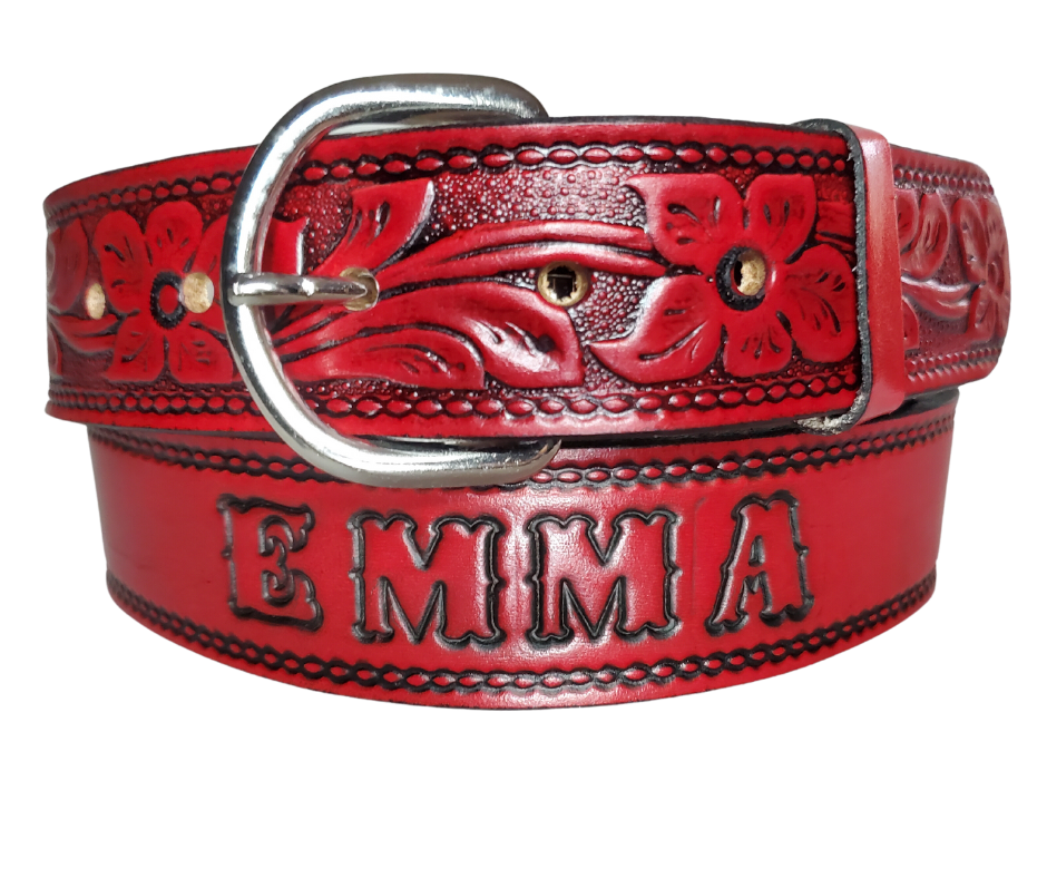 The Dogwood leather belt is the Iconic Flower Pattern with Deep Red Antiqued finish. Available in a 1 1/2" width. Full grain vegetable tanned cowhide, Width 1 1/2" and includes Nickle plated  buckle Smooth burnished painted edges. Made in USA! For name Type name or No Name in "Type Name Here" section, Buckle snaps in place for easy changing if desired. In stock at our Smyrna, TN shop.