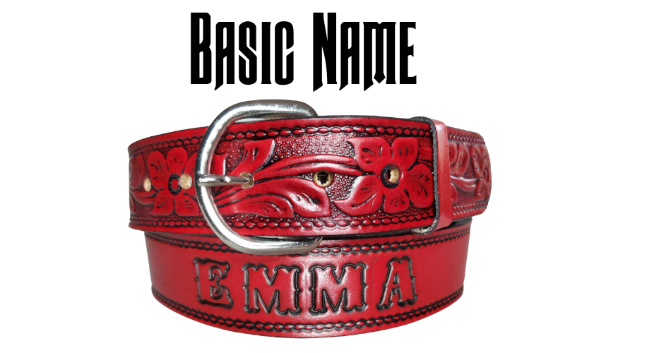 The Dogwood leather belt is the Iconic Flower Pattern with Deep Red Antiqued finish. Available in a 1 1/2" width. Full grain vegetable tanned cowhide, Width 1 1/2" and includes Nickle plated  buckle Smooth burnished painted edges. Made in USA! For name Type name or No Name in "Type Name Here" section, Buckle snaps in place for easy changing if desired. In stock at our Smyrna, TN shop.