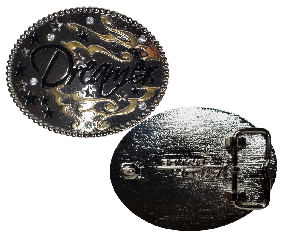 This ultra-stylish Dreams Belt Buckle is crafted from chrome finish and accented with beautiful rhinestones, making it perfect for any fashion-savvy individual. It is available in Smyrna, TN, and can be found at the shop outside of Nashville. With its 1 1/2' width,  Size approx. 3-1/2" x 2-3/4. it is the perfect accessory to show off your unique style.