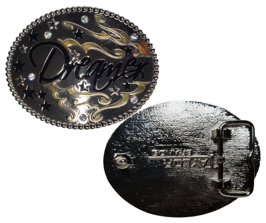 This ultra-stylish Dreams Belt Buckle is crafted from chrome finish and accented with beautiful rhinestones, making it perfect for any fashion-savvy individual. It is available in Smyrna, TN, and can be found at the shop outside of Nashville. With its 1 1/2' width,  Size approx. 3-1/2" x 2-3/4. it is the perfect accessory to show off your unique style.