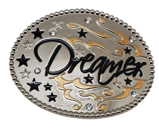 This ultra-stylish Dreams Belt Buckle is crafted from chrome finish and accented with beautiful rhinestones, making it perfect for any fashion-savvy individual. It is available in Smyrna, TN, and can be found at the shop outside of Nashville. With its 1 1/2' width,  Size approx. 3-1/2" x 2-3/4. it is the perfect accessory to show off your unique style.