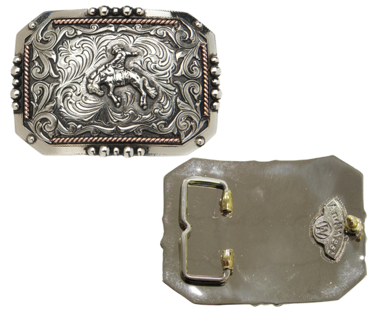 If your in rodeo you know a drop makes for a more difficult ride! This buckle is full on Western with accents of copper and a partially beaded edge, measuring 4" in width and 2 7/8" in height to fit belts up to 1 3/4" wide. Visit our shop in Smyrna, TN, conveniently located near downtown Nashville, to discover this and other one-of-a-kind belt buckles.