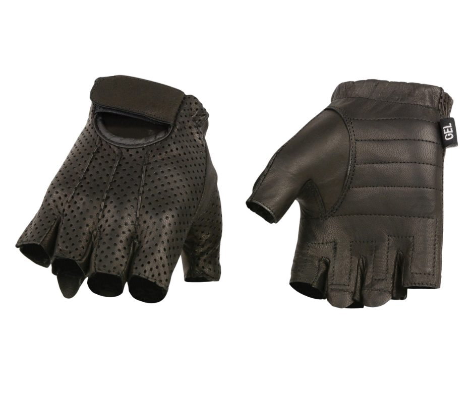 Fingerless Leather motorcycle riding gloves&nbsp; W/ ‘Welted Perforated Leather’. They are available in Unisex sizing XS-5X and velcro wrist closure. They are available in our shop just outside Nashville in Smyrna, TN.