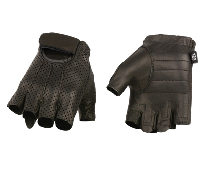 Fingerless Leather motorcycle riding gloves&nbsp; W/ ‘Welted Perforated Leather’. They are available in Unisex sizing XS-5X and velcro wrist closure. They are available in our shop just outside Nashville in Smyrna, TN.
