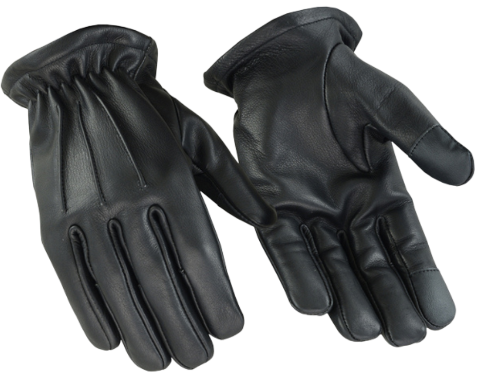 Men’s Short style water resistant glove made with premium drum dyed Aniline cowhide, touch screen finger tips, plain palm, elastic wrist back for secure fit and classy 3 seam design.,&nbsp; Available in XS-3X sizing. Available for purchase in our retail shop in Smyrna, TN, just outside of Nashville.&nbsp;