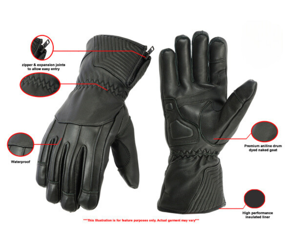 Waterproof Leather Gauntlet Riding glove made in premium aniline drum dyed naked goat featuring high performance insulated liner for extra warmth, zipper &amp; expansion joints to allow easy entry to the gloves and a snug fit. With Gauntlets you are able to have your jacket sleeves up into glove to keep cold air&nbsp; from going up your sleeves. Available in XS-3X sizing. Available for purchase in our retail shop in Smyrna, TN, just outside of Nashville.&nbsp;