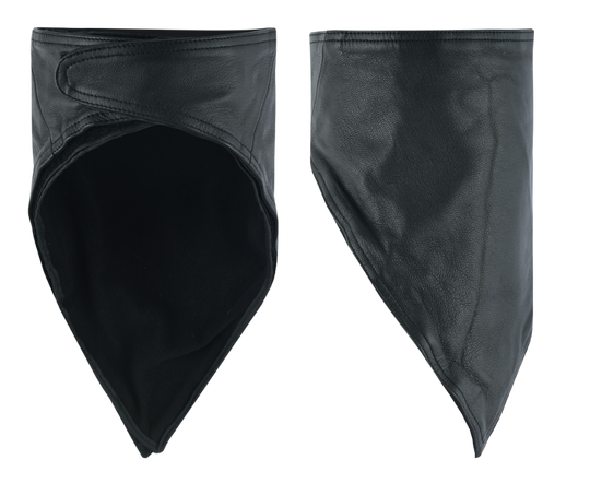 Keep your face warm on those cool sunny days of riding your motorcycle. This Fleece lined Leather bandanna will do the job. Soft fleece lining and leather outside in bikers favorite color black! Stocked at our Smyrna, TN shop a cool ride from Downtown Nashville.&nbsp;Sizes: OSFM. also see Velcro extension piece if needed.