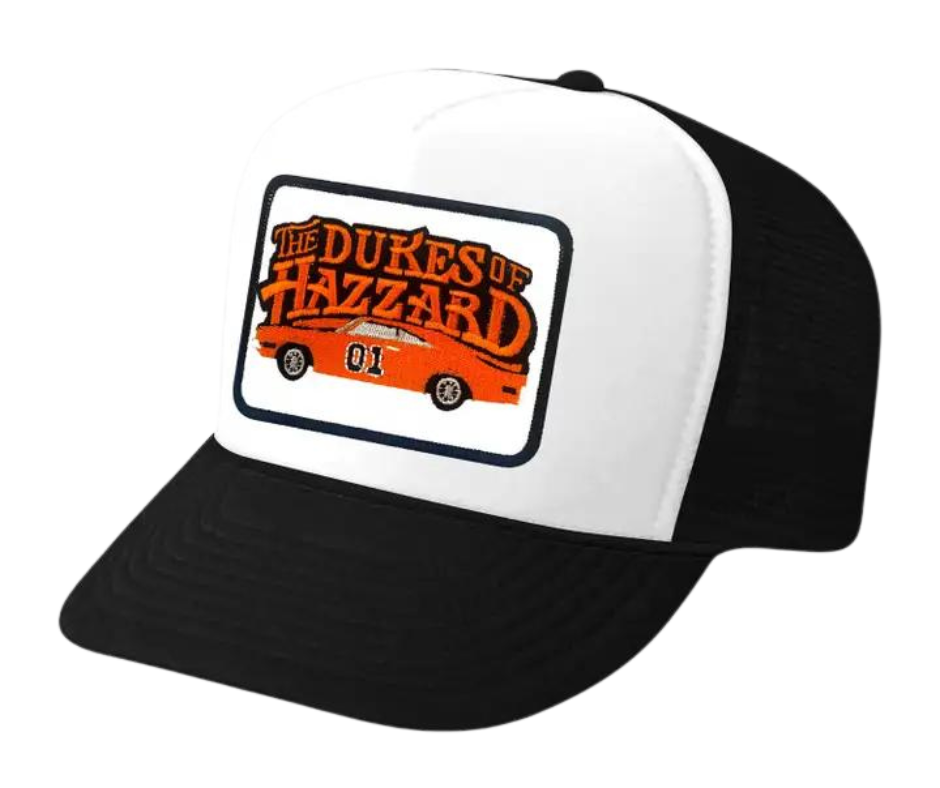 Bo and Luke Duke, who live in rural Georgia and are on probationfor moonshining. The "Duke Boys" always outwit a corrupt sheriff and greedy rich "city slickers. Wear your southern attitude with our Black and White Vintage Foam Trucker style mesh cap, inspired by the iconic TV show. Get yours today at our Smyrna, TN store or online.