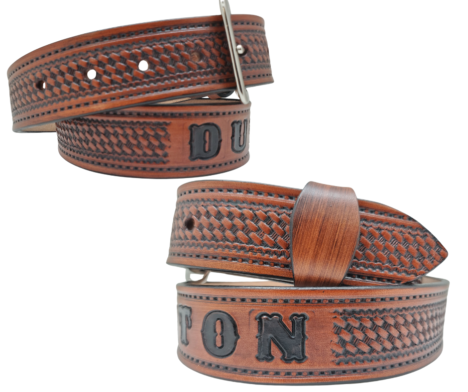 New to our line "The Dutton" Name Leather Belt - a personalized accessory made in Smyrna, TN. This timeless piece features a classic basket weave embossed stitch border and an interchangeable solid brass buckle for convenience and quality. Elevate any outfit with ease.