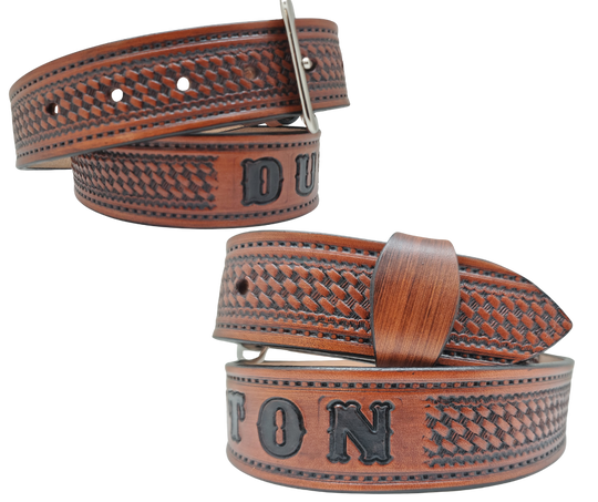 New to our line "The Dutton" Name Leather Belt - a personalized accessory made in Smyrna, TN. This timeless piece features a classic basket weave embossed stitch border and an interchangeable solid brass buckle for convenience and quality. Elevate any outfit with ease.