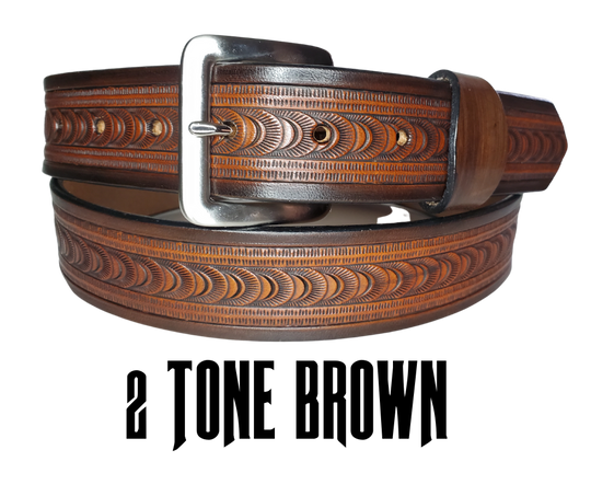 "The East Ridge" handmade all leather belt is made from a single strip of Veg-tan cowhide. The hand finished Veg-tan that is 9-10 oz., or approx. 1/8" thick in 3 color options.  The width is 1 1/2". The antique nickel plated solid brass buckle is snapped in place. This belt is made just outside Nashville in Smyrna, TN. Perfect for casual and dress wear, it can be for personal use or for groomsman gifts or other gifts as well.