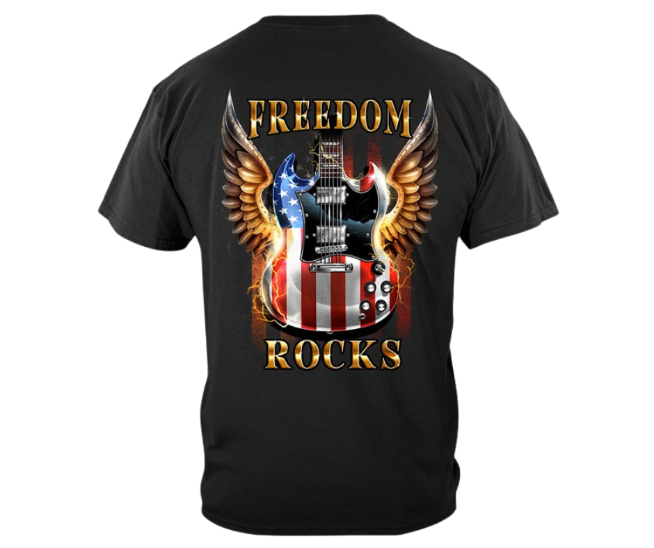 If you appreciate FREEDOM you'll be proud to wear this shirt! Red, White and Blue SG Guitar and Wings style flag on the back with Freedom Rocks it in bold letters.&nbsp; Available online and in our retail shop in Smyrna, TN.  Smaller image on the front chest area and large design on the back.  Made of 100% cotton&nbsp;