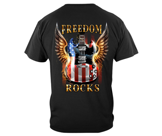 If you appreciate FREEDOM you'll be proud to wear this shirt! Red, White and Blue SG Guitar and Wings style flag on the back with Freedom Rocks it in bold letters.&nbsp; Available online and in our retail shop in Smyrna, TN.  Smaller image on the front chest area and large design on the back.  Made of 100% cotton&nbsp;