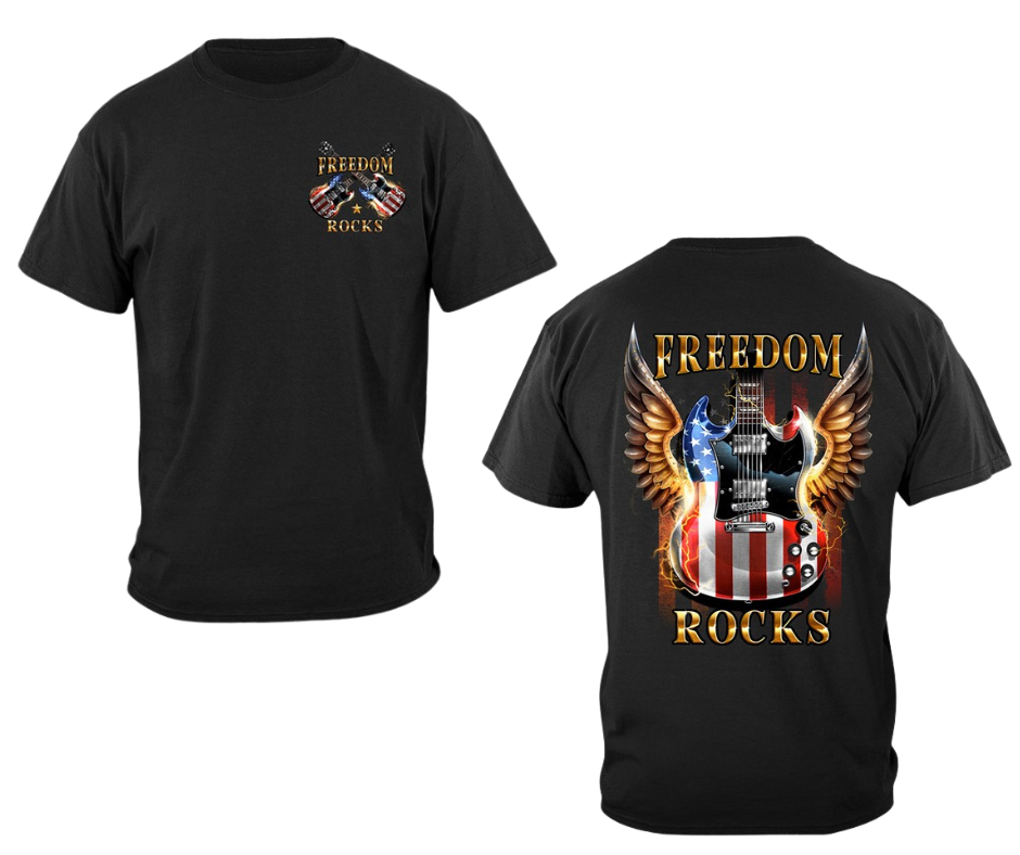 If you appreciate FREEDOM you'll be proud to wear this shirt! Red, White and Blue SG Guitar and Wings style flag on the back with Freedom Rocks it in bold letters.&nbsp; Available online and in our retail shop in Smyrna, TN.  Smaller image on the front chest area and large design on the back.  Made of 100% cotton&nbsp;