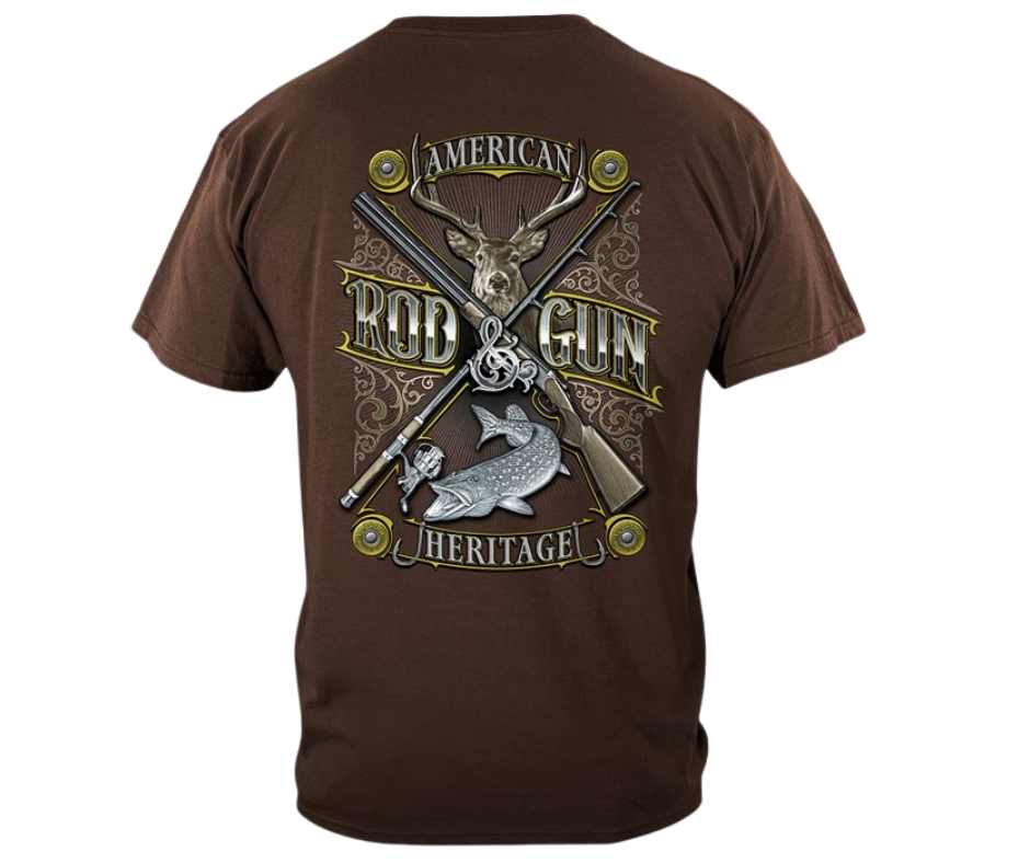 If you appreciate Hunting and Fishing you'll be proud to wear this shirt! The Rod and Gun, fish, buck, shells and hooks on the back with American Heritage it in bold letters.&nbsp; Available online and in our retail shop in Smyrna, TN.  Smaller image on the front chest area and large design on the back.  Made of 100% cotton&nbsp;