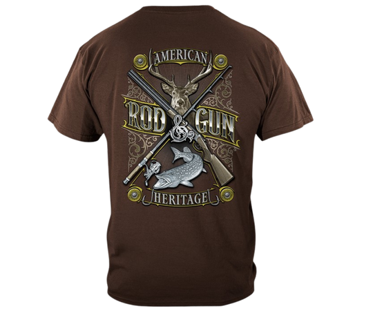 If you appreciate Hunting and Fishing you'll be proud to wear this shirt! The Rod and Gun, fish, buck, shells and hooks on the back with American Heritage it in bold letters.&nbsp; Available online and in our retail shop in Smyrna, TN.  Smaller image on the front chest area and large design on the back.  Made of 100% cotton&nbsp;