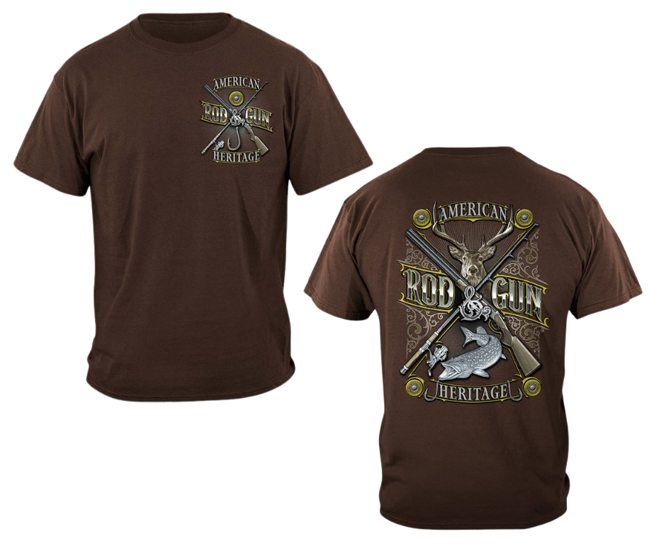 If you appreciate Hunting and Fishing you'll be proud to wear this shirt! The Rod and Gun, fish, buck, shells and hooks on the back with American Heritage it in bold letters.&nbsp; Available online and in our retail shop in Smyrna, TN.  Smaller image on the front chest area and large design on the back.  Made of 100% cotton&nbsp;