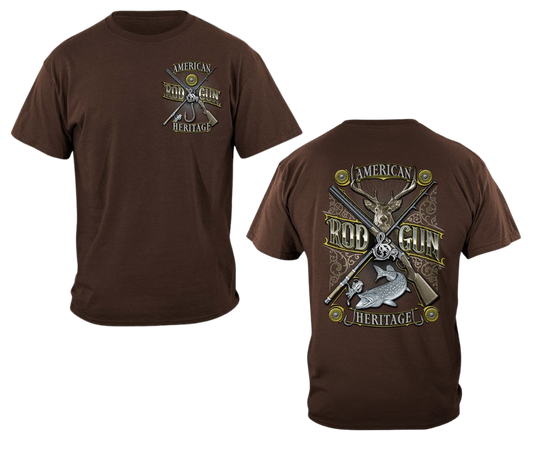 If you appreciate Hunting and Fishing you'll be proud to wear this shirt! The Rod and Gun, fish, buck, shells and hooks on the back with American Heritage it in bold letters.&nbsp; Available online and in our retail shop in Smyrna, TN.  Smaller image on the front chest area and large design on the back.  Made of 100% cotton&nbsp;