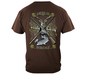 If you appreciate Hunting and Fishing you'll be proud to wear this shirt! The Rod and Gun, fish, buck, shells and hooks on the back with American Heritage it in bold letters.&nbsp; Available online and in our retail shop in Smyrna, TN.  Smaller image on the front chest area and large design on the back.  Made of 100% cotton&nbsp;