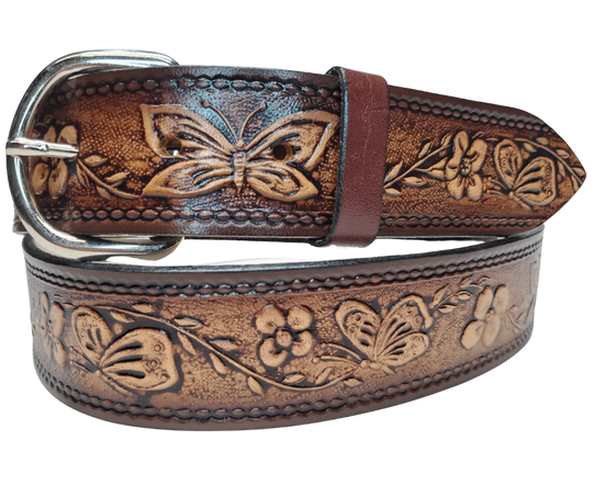 "Flowers and the Butterfly" Leather Belt  "Quick Ship"