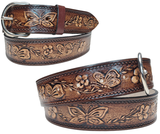 "Flowers and the Butterfly" Leather Belt  "Quick Ship"