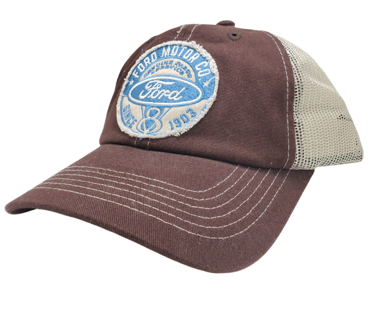 Wear your Ford Distressed Embroidered Trucker Cap with your head held high! The Brown twill front and Cream back feature a Ford graphics with a stitched bill, plus an adjustable snap strap to perfectly fit any size head. Take a short trip outside Nashville to our Smyrna, TN shop and get yours now!