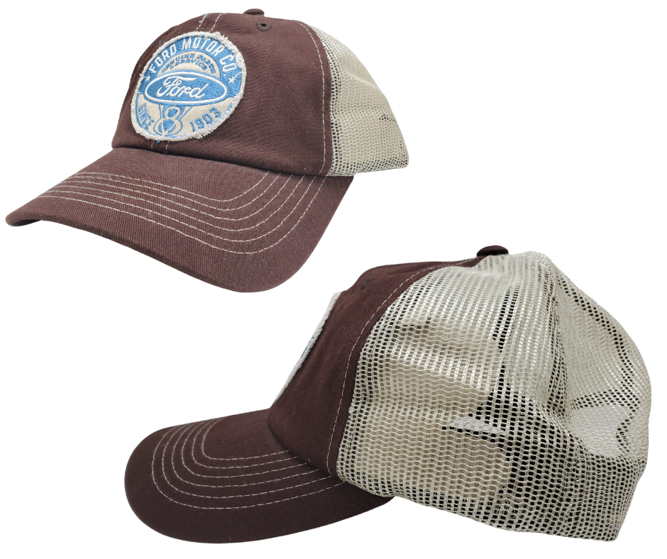 Wear your Ford Distressed Embroidered Trucker Cap with your head held high! The Brown twill front and Cream back feature a Ford graphics with a stitched bill, plus an adjustable snap strap to perfectly fit any size head. Take a short trip outside Nashville to our Smyrna, TN shop and get yours now!