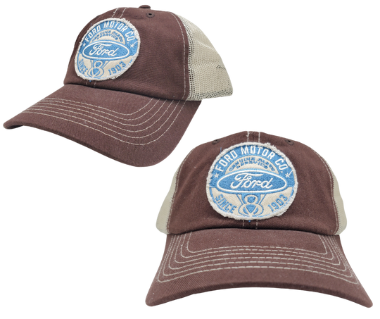 Wear your Ford Distressed Embroidered Trucker Cap with your head held high! The Brown twill front and Cream back feature a Ford graphics with a stitched bill, plus an adjustable snap strap to perfectly fit any size head. Take a short trip outside Nashville to our Smyrna, TN shop and get yours now!