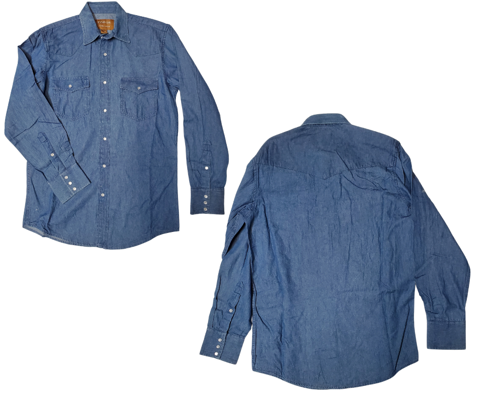 These never go out of style, always a classic! Gear up for your next adventure. Made with classic Western style in mind, this denim button down boasts two front flap pockets and snaps for easy, casual dressing.  Details: Pearl Snaps, 2 Pockets, Yokes, 100% Cotton Available in our shop in Smyrna, TN, just outside of Nashville. Imported