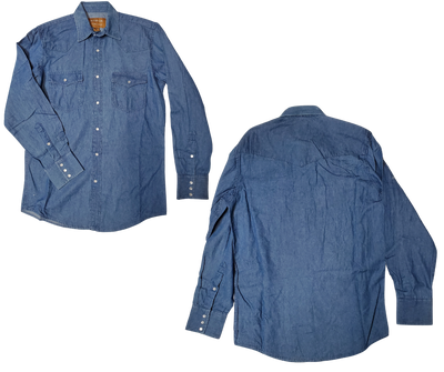 These never go out of style, always a classic! Gear up for your next adventure. Made with classic Western style in mind, this denim button down boasts two front flap pockets and snaps for easy, casual dressing.  Details: Pearl Snaps, 2 Pockets, Yokes, 100% Cotton Available in our shop in Smyrna, TN, just outside of Nashville. Imported