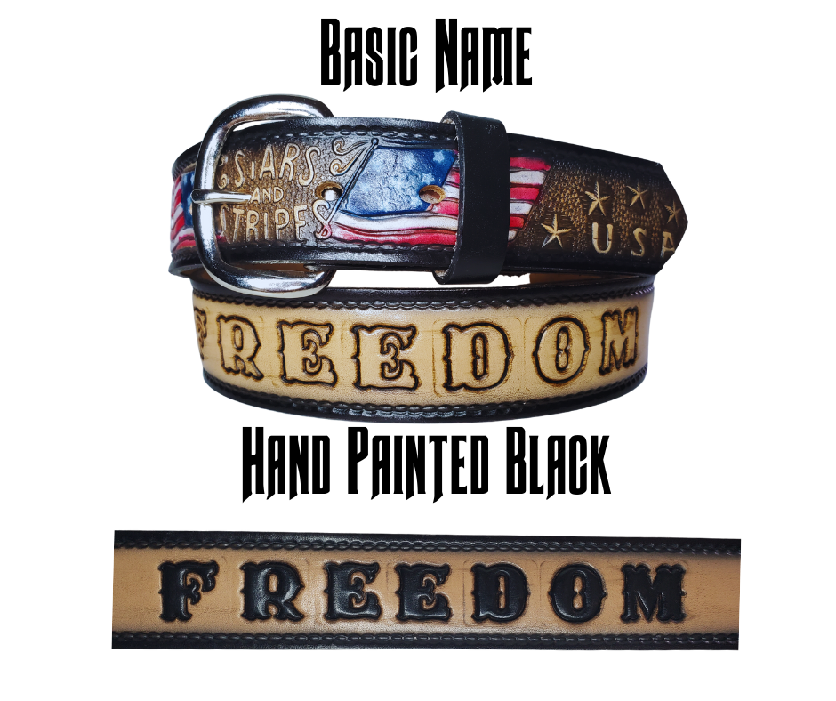 The Stars and Stripes leather belt is the Patriots go to belt! Patterned with American Flags, Stars and Stripes and USA around the belt. Available in a 1 1/2" width. Full grain vegetable tanned cowhide, Width is 1 1/2" and includes Nickle plated buckle that may be changed with Smooth burnished painted edges. In stock at our Smyrna, TN shop.