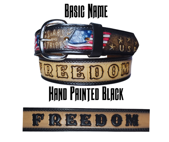 The Stars and Stripes leather belt is the Patriots go to belt! Patterned with American Flags, Stars and Stripes and USA around the belt. Available in a 1 1/2" width. Full grain vegetable tanned cowhide, Width is 1 1/2" and includes Nickle plated buckle that may be changed with Smooth burnished painted edges. In stock at our Smyrna, TN shop.