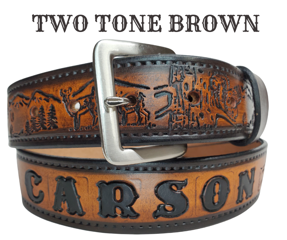 Our Frontiersman is named after the well known men who explored the original USA Frontier. This leather belt is crafted from high-quality Veg Tan cowhide and comes in four different color options. The edges are smooth and hand finished with a Deer and Squirrel outdoors scene. It's 1 1/2" wide, and available in sizes 34" to 44".  The removable Brushed Nickel plated solid brass buckle is attached with two snaps. Handmade in our Smyrna, TN, USA shop, just a short trip from Nashville.