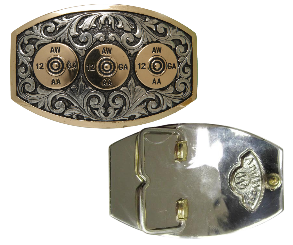 The Front seat buckle has a classic shape with a Western scroll design, a beaded edge framing Shotgun Shells. This buckle is made from 100% pure German silver (nickel and brass alloy) or iron metal base. This product is handcrafted. Each piece is punched, cut, soldered, engraved, and polished. Buckle size is 3" H x 3 7/8" W”&nbsp;and fits belts up 1 3/4" wide a little bigger than some of our other buckles that is available in our Smyrna, TN shop not far from Nashville.