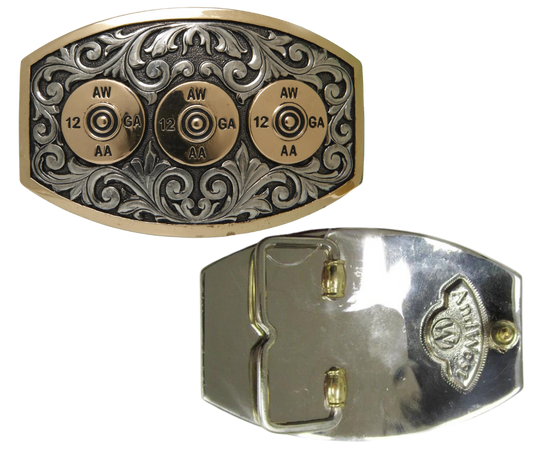 The Front seat buckle has a classic shape with a Western scroll design, a beaded edge framing Shotgun Shells. This buckle is made from 100% pure German silver (nickel and brass alloy) or iron metal base. This product is handcrafted. Each piece is punched, cut, soldered, engraved, and polished. Buckle size is 3" H x 3 7/8" W”&nbsp;and fits belts up 1 3/4" wide a little bigger than some of our other buckles that is available in our Smyrna, TN shop not far from Nashville.