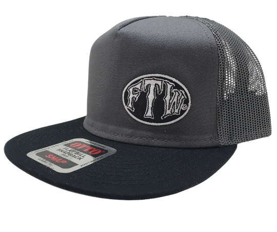 Gray & Flat Bill Cap with Gray mesh back. Front has a Silver embroidered patch that says FTW ... Forever Two Wheels, FTW design also under the bill. Structured top to keep its shape. Sold at our shop just outside Nashville in Smyrna, TN.