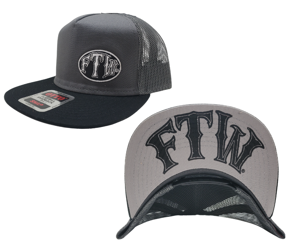 Gray & Flat Bill Cap with Gray mesh back. Front has a Silver embroidered patch that says FTW ... Forever Two Wheels, FTW design also under the bill. Structured top to keep its shape. Sold at our shop just outside Nashville in Smyrna, TN.