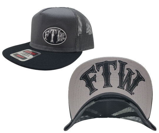 Gray & Flat Bill Cap with Gray mesh back. Front has a Silver embroidered patch that says FTW ... Forever Two Wheels, FTW design also under the bill. Structured top to keep its shape. Sold at our shop just outside Nashville in Smyrna, TN.