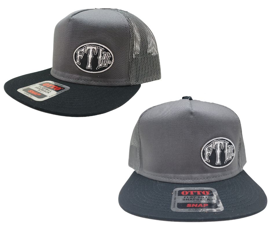 Gray & Flat Bill Cap with Gray mesh back. Front has a Silver embroidered patch that says FTW ... Forever Two Wheels, FTW design also under the bill. Structured top to keep its shape. Sold at our shop just outside Nashville in Smyrna, TN.