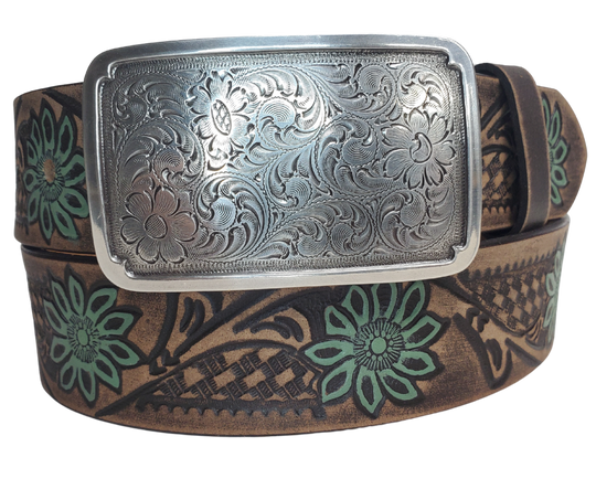 The "Jackpot" belt has a Turquoise flower on a distressed Chocolate western pattern design. Upgrade to the Square western scroll that measures approx. 4" wide by 2 1/2" tall and also get the Basic Antique Nickel that looks great while Rodeoing or doin a 2 step. Belt has snaps for easy buckle change and is made from a single strip of Embossed leather. Available in our shop just outside Nashville in Smyrna, TN.