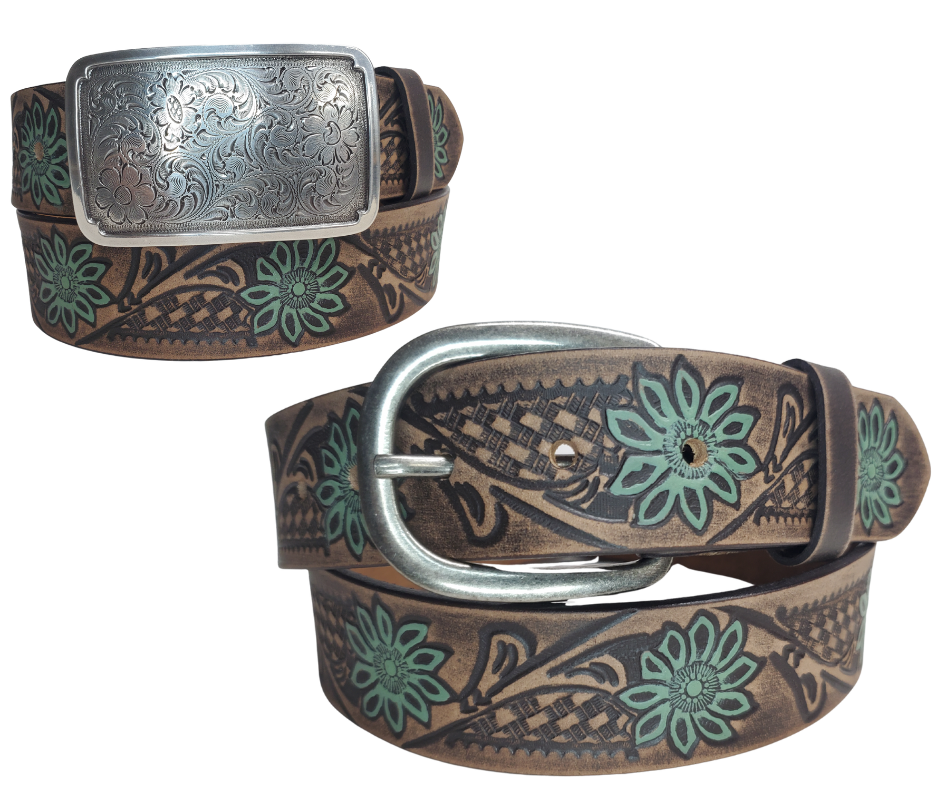 The "Jackpot" belt has a Turquoise flower on a distressed Chocolate western pattern design. Upgrade to the Square western scroll that measures approx. 4" wide by 2 1/2" tall and also get the Basic Antique Nickel that looks great while Rodeoing or doin a 2 step. Belt has snaps for easy buckle change and is made from a single strip of Embossed leather. Available in our shop just outside Nashville in Smyrna, TN.