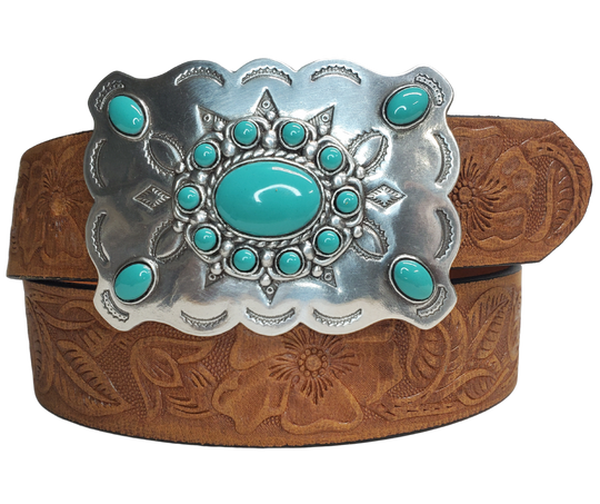 The "Cloverleaf" belt named after the pattern in Barrel racing has a Turquoise colored stone Buckle on distressed Brown western pattern design belt. Upgrade to the Turquoise Square western buckle that measures approx. 4" wide by 3" tall and also get the Basic Antique Nickel that looks great while Rodeoing or doin a 2 step. Belt has snaps for easy buckle change and is made from a single strip of Embossed leather. Available in our shop just outside Nashville in Smyrna, TN.