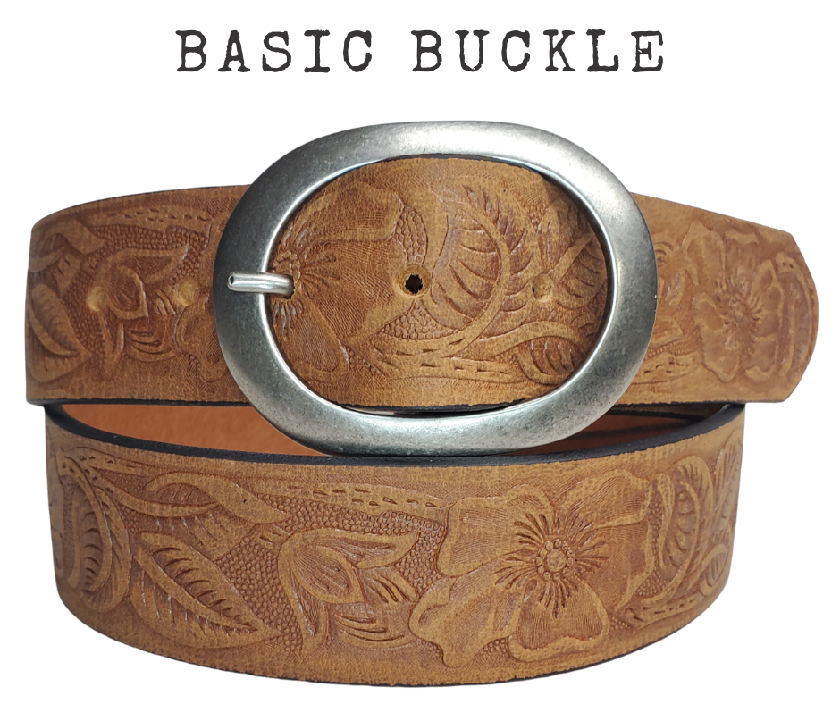 The "Cloverleaf" belt is embossed with a classy western floral pattern. The oval, center bar buckle is an Antique Nickel. Belt has snaps for easy buckle change and is made from a single strip of Embossed leather. Available in our shop just outside Nashville in Smyrna, TN.