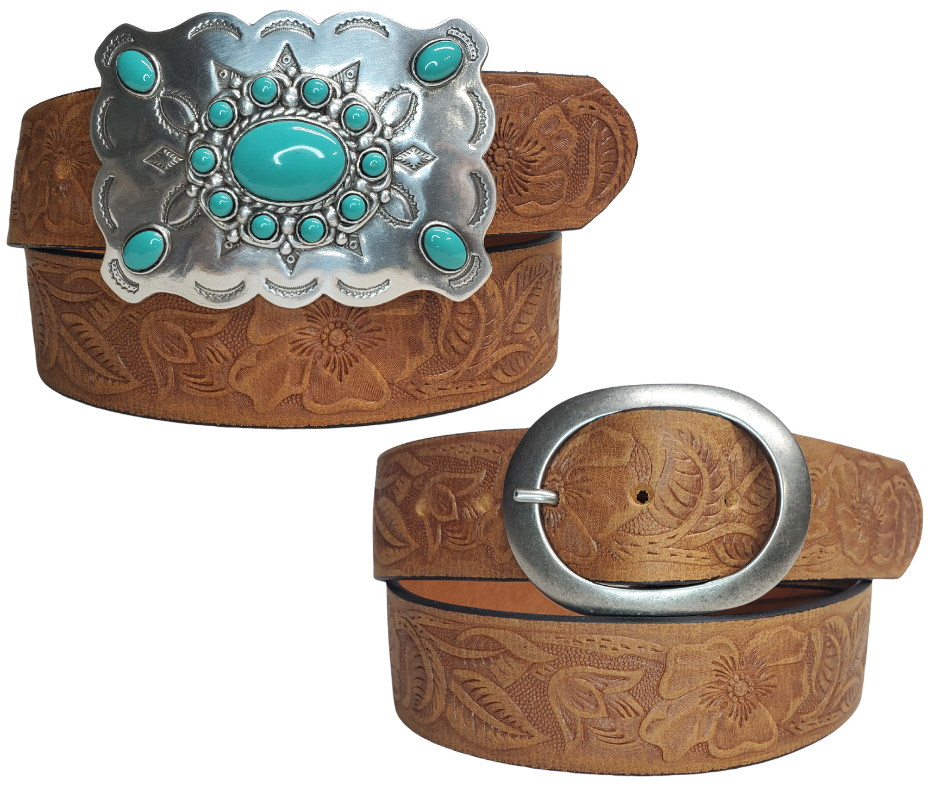 The "Cloverleaf" belt named after the pattern in Barrel racing has a Turquoise colored stone Buckle on distressed Brown western pattern design belt. Upgrade to the Turquoise Square western buckle that measures approx. 4" wide by 3" tall and also get the Basic Antique Nickel that looks great while Rodeoing or doin a 2 step. Belt has snaps for easy buckle change and is made from a single strip of Embossed leather. Available in our shop just outside Nashville in Smyrna, TN.