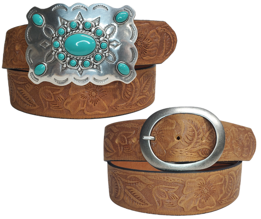 The "Cloverleaf" belt named after the pattern in Barrel racing has a Turquoise colored stone Buckle on distressed Brown western pattern design belt. Upgrade to the Turquoise Square western buckle that measures approx. 4" wide by 3" tall and also get the Basic Antique Nickel that looks great while Rodeoing or doin a 2 step. Belt has snaps for easy buckle change and is made from a single strip of Embossed leather. Available in our shop just outside Nashville in Smyrna, TN.