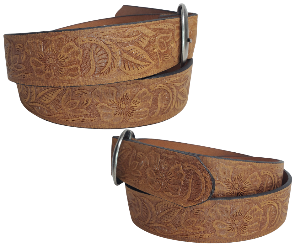 The "Cloverleaf" belt named after the pattern in Barrel racing has a Turquoise colored stone Buckle on distressed Brown western pattern design belt. Upgrade to the Turquoise Square western buckle that measures approx. 4" wide by 3" tall and also get the Basic Antique Nickel that looks great while Rodeoing or doin a 2 step. Belt has snaps for easy buckle change and is made from a single strip of Embossed leather. Available in our shop just outside Nashville in Smyrna, TN.